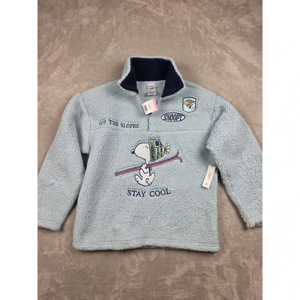 Peanuts Winter Sherpa Pullover Women S Blue Snoopy Hit The Slopes Stay Cool